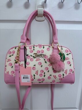 NWT Juicy Couture Cherry 🍒 Girl Satchel in Soft White/Pink with Pom Charm